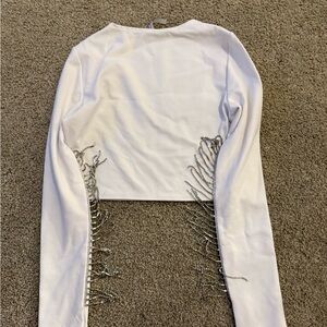 ASOS White Cropped Shirt with Silver Rhinestons Fringe on Sleeves